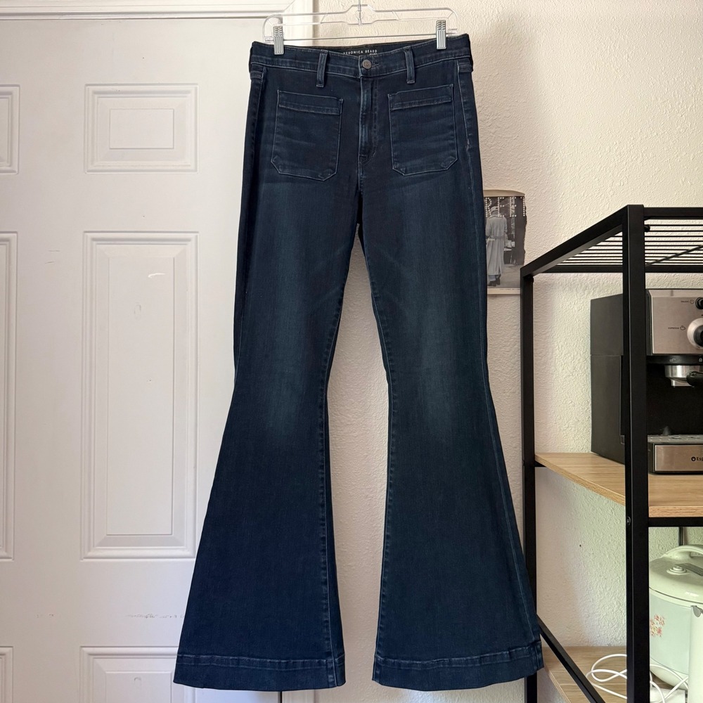 VERONICA BEARD medium‎ dark blue wash patch pocket stretch flare bootcut jeans